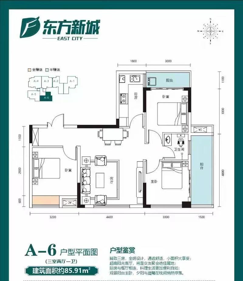 郴州苏仙区东方新城北苑为您提供A-6户型图片详情鉴赏