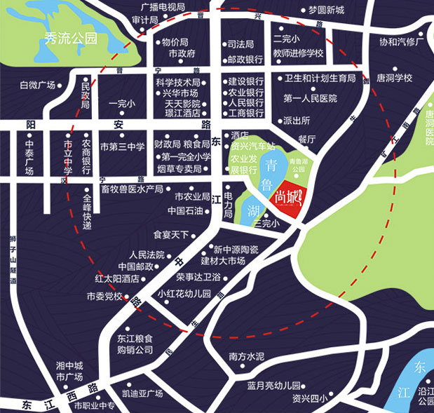 青鲁湖尚城项目位于资兴市民生路（青鲁湖公园内）