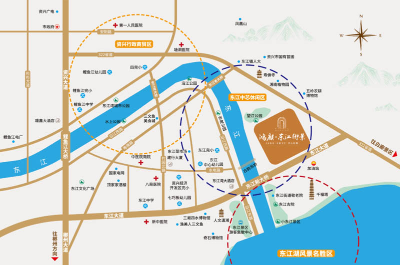 东江御景项目位于资兴市东江大道与322省道交汇处，千佛塔对面
