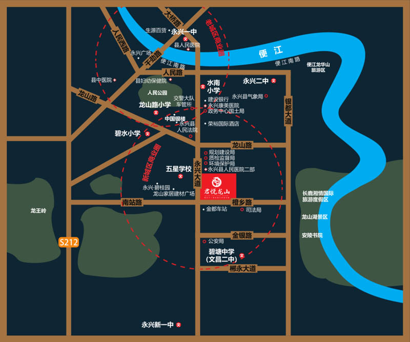 君悦龙山项目位于永兴县永兴大道与橙乡路交汇处(金都车站对面)