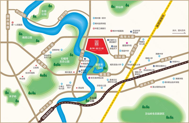 金钟滨江府项目位于郴州郴江路与青年大道交汇处