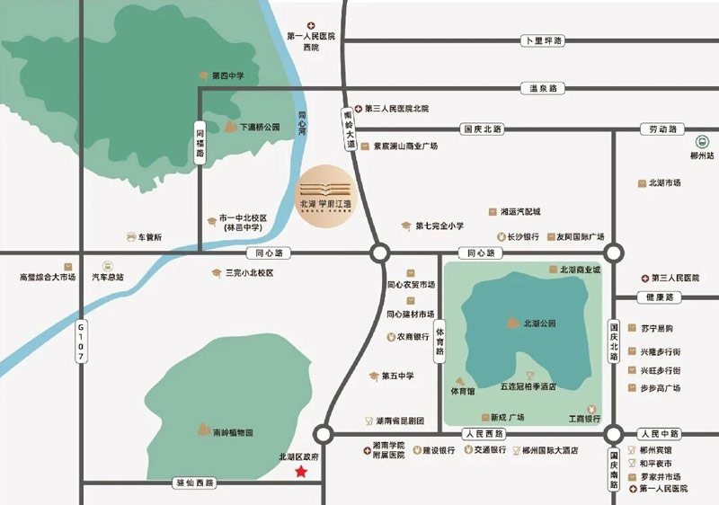 北湖学府江湾项目位于郴州市南岭大道532号（同心立交桥旁）
